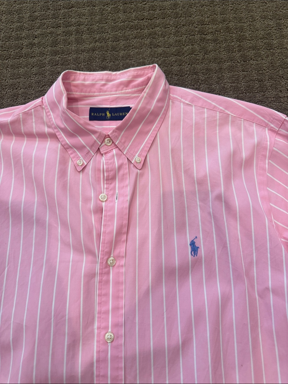 Ralph Lauren Pink and White Vertical Stripe Button-Down Shirt with Blue Pony
